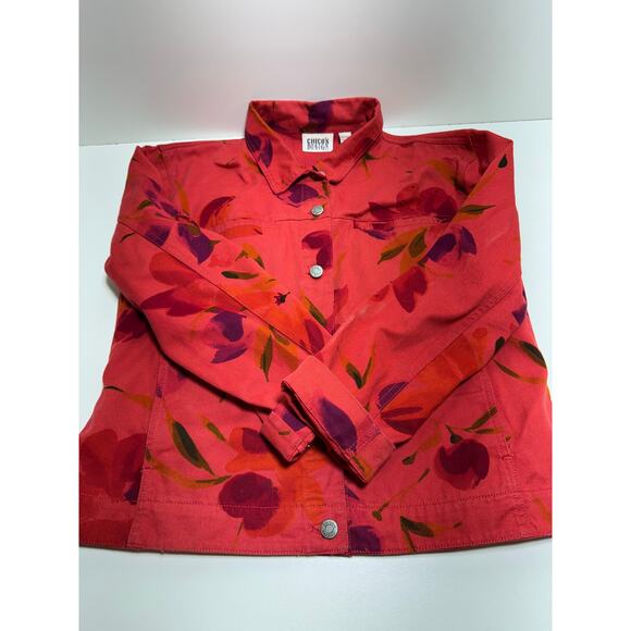 Chico’s Design Women’s Denim Blazer Jacket Sz 2 (8-10) Medium Red Spring Button - Picture 6 of 8